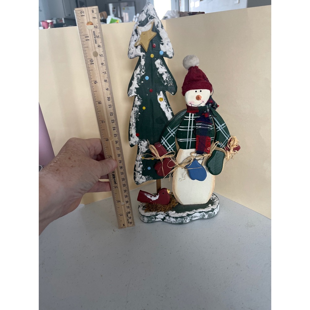 Rustic Wooden Snowman Figurine Christmas Tree Bird Plaid Country Holiday Decor
